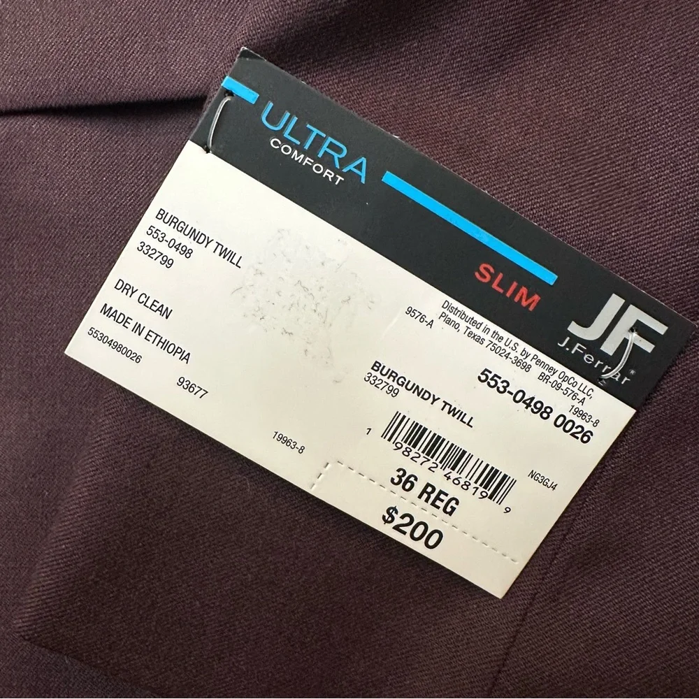 J Ferrar JF Classic Stretch Slim Fit Suit Blazer Men’s Size 36 Reg Burgundy